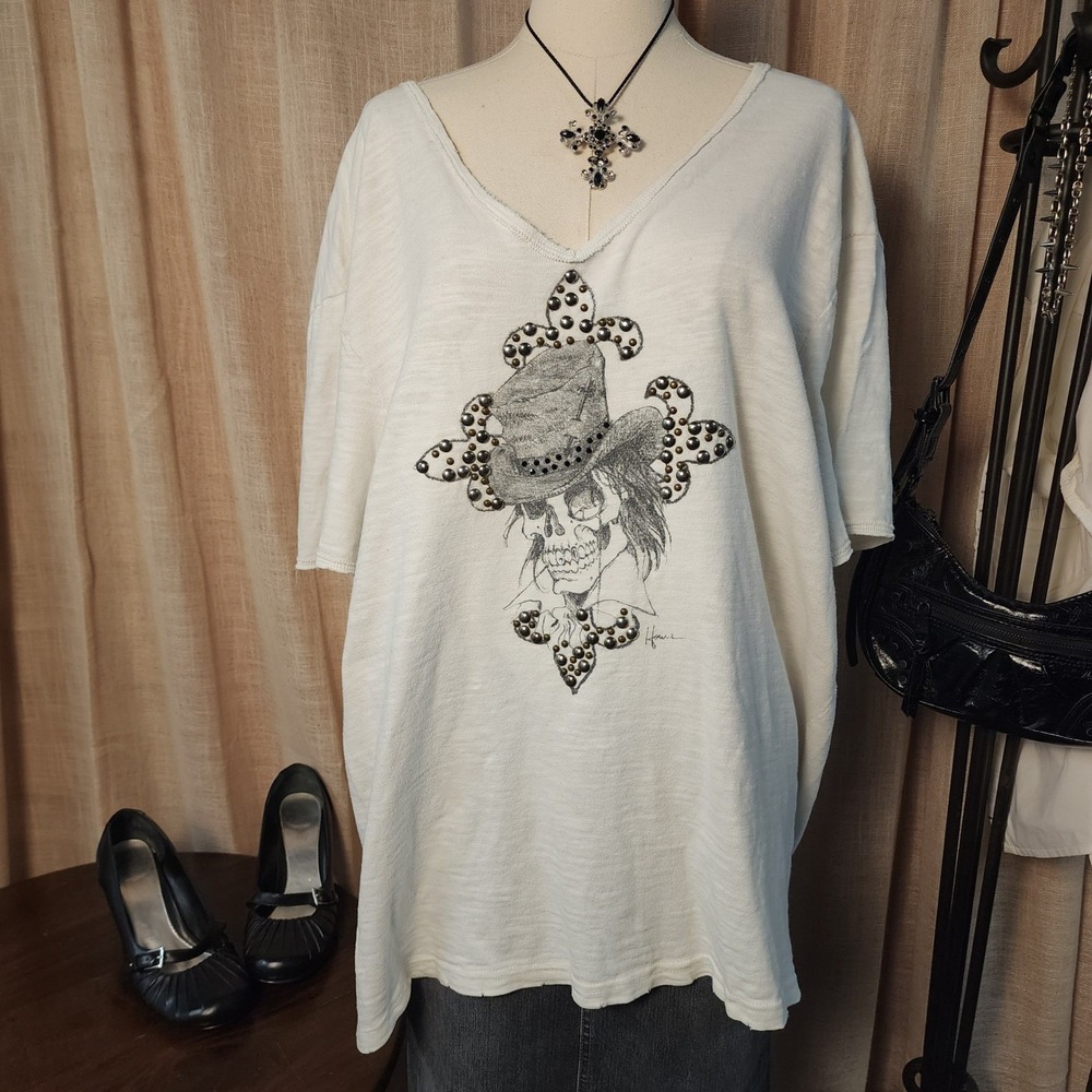 Y2K Hause of Howe XXL Studded Skull Tee Fleur de Lis Western Goth